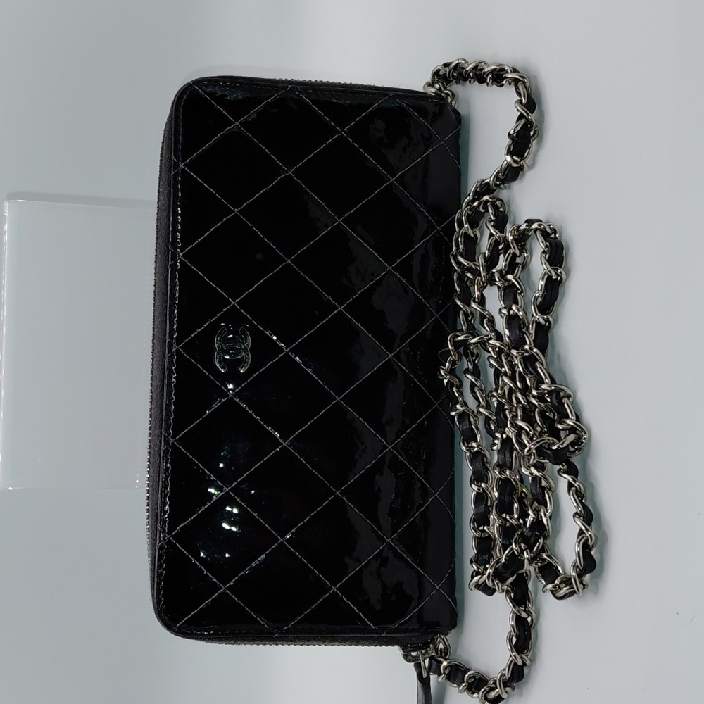 Chanel Black Patent Leather Zippered Wallet On  A Chain! WOC VGC!